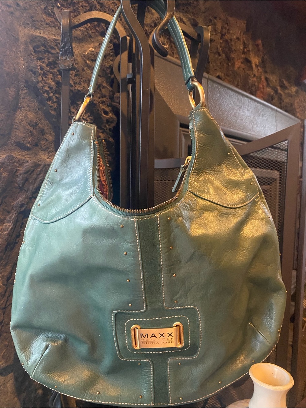 Maxx New York Signature Green Leather Hobo Bag Paisley Lining Y2K Vintage